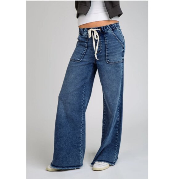 NEW REWASH Relaxed Knit Denim Wide Leg Pants in vintage indigo for women 825 2t7 - Picture 5 of 9